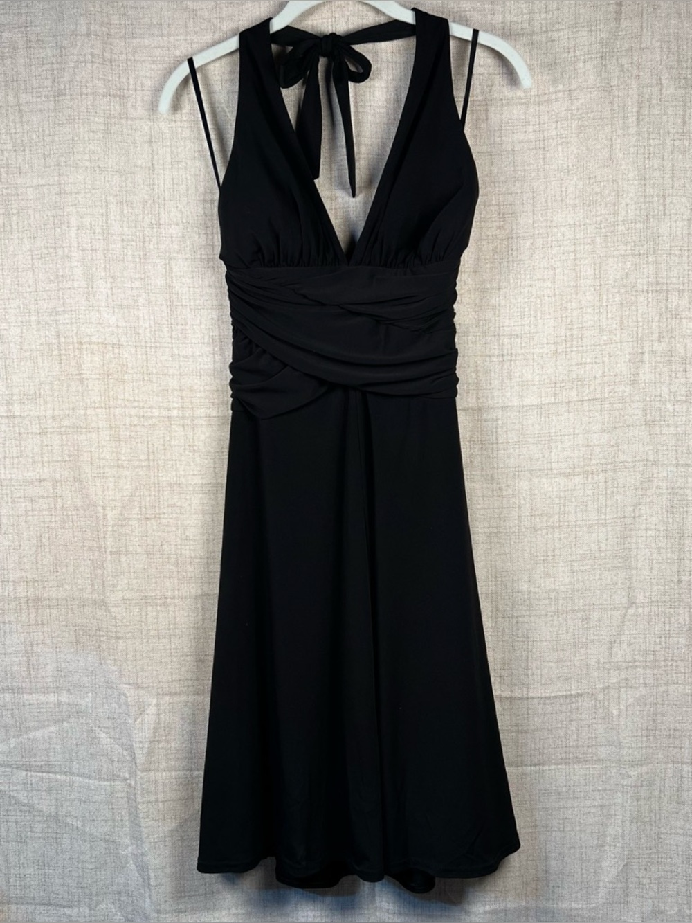 Halter Dress Black Stretchy WHBM Ruched Waist V Neck Midi Wedding Party Women 2